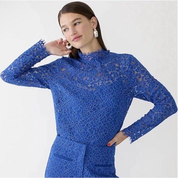 J Crew Scalloped Lace Mockneck Top Blue Preppy Work Office NWT Womens Size 24 - Picture 1 of 9